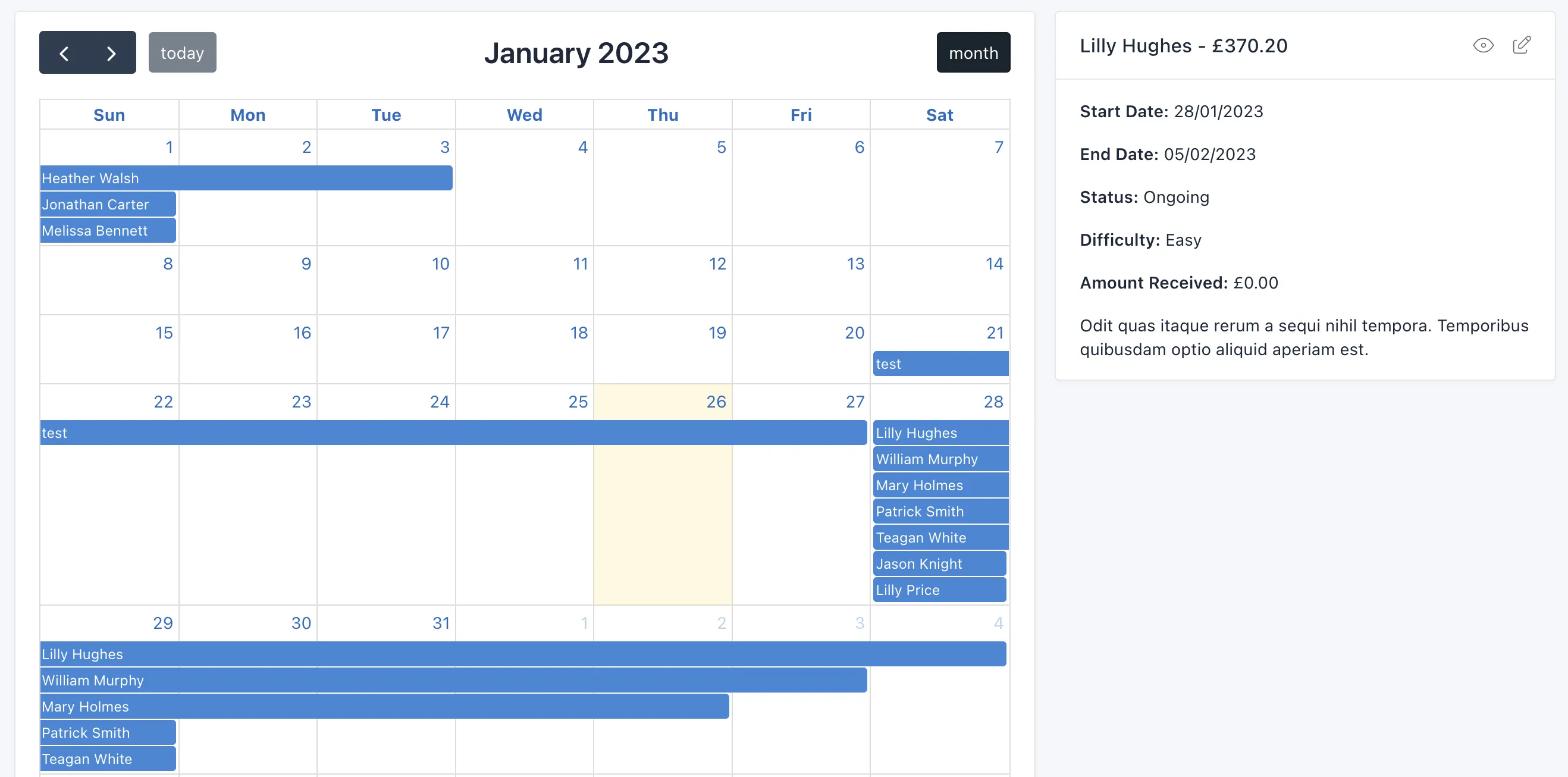Screenshot showing a calendar with jobs listed across several days.