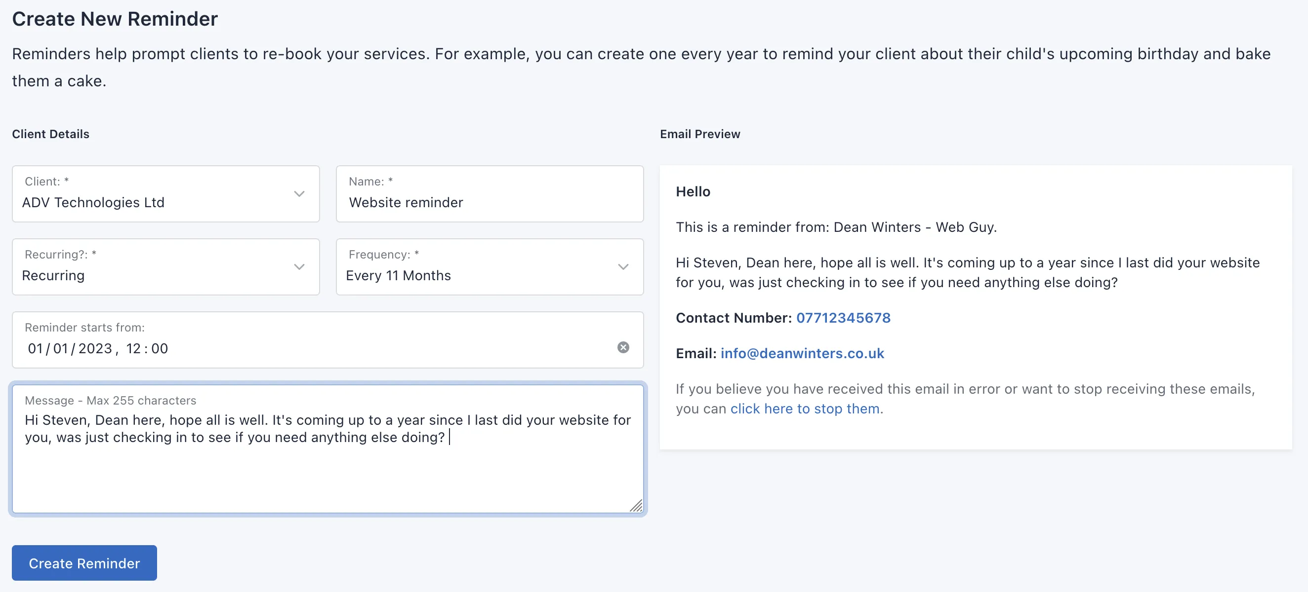 Screenshot showing the remiders page in the ClientWide app