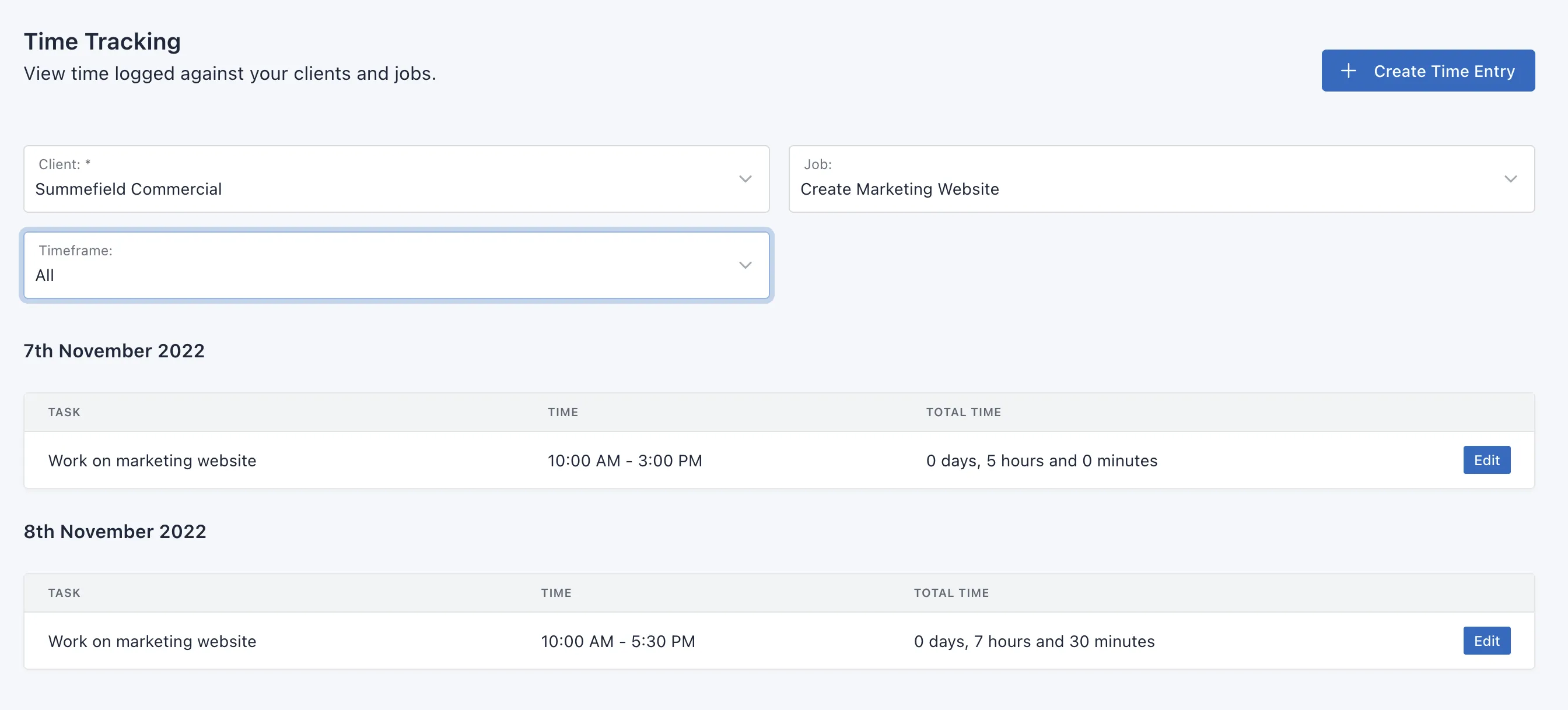 Screenshot showing the time management section of the ClientWide app.